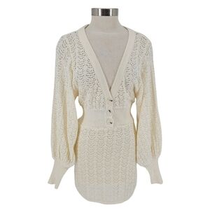 Solai Sweater Dress Ivory Sheer Top Long Sleeve Button V Neck Crochet Sheath M/L